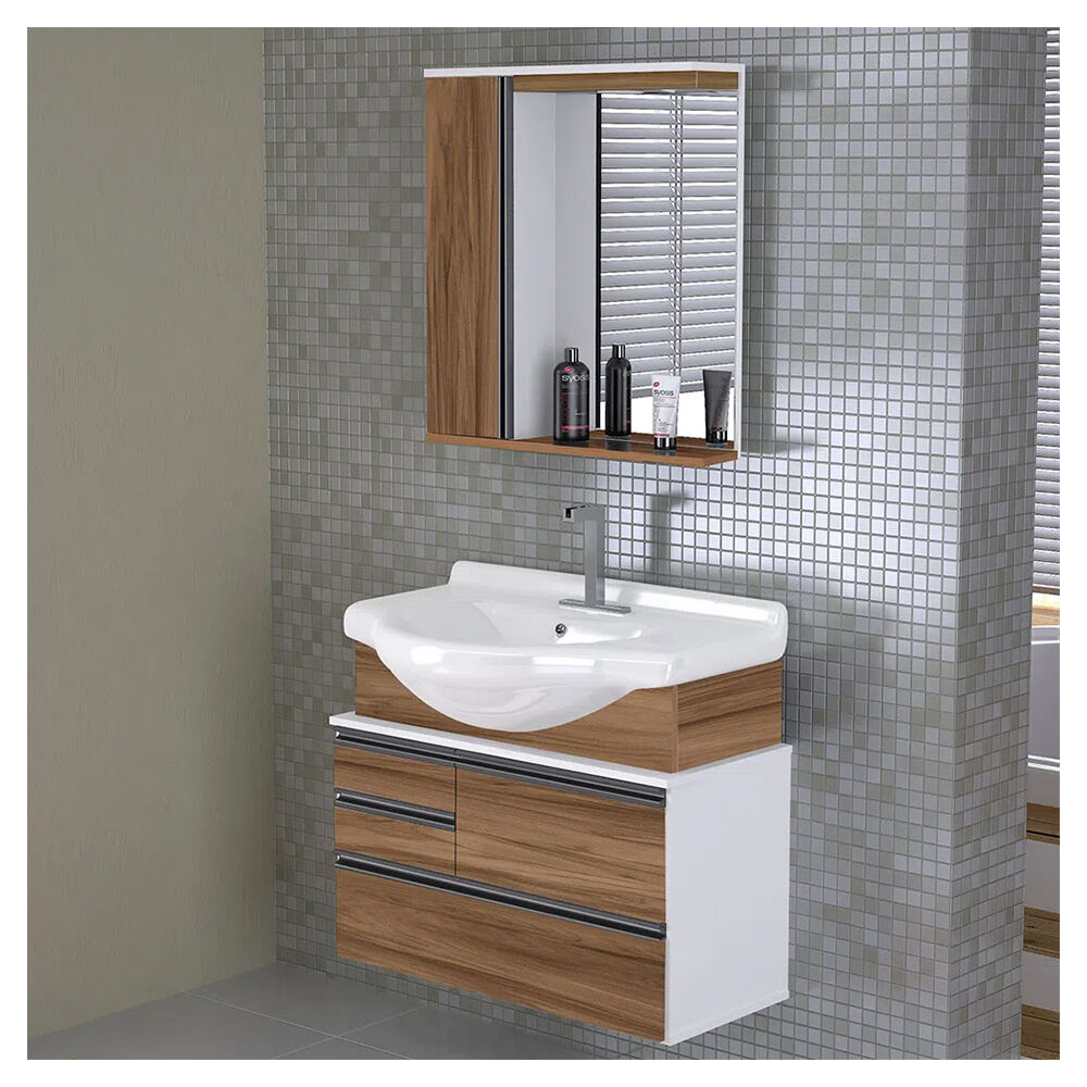 Gabinete Suspenso para Banheiro com Lavatório e Espelheira Firenze 72,5cm Nogal Sevilha A.J. Rorato